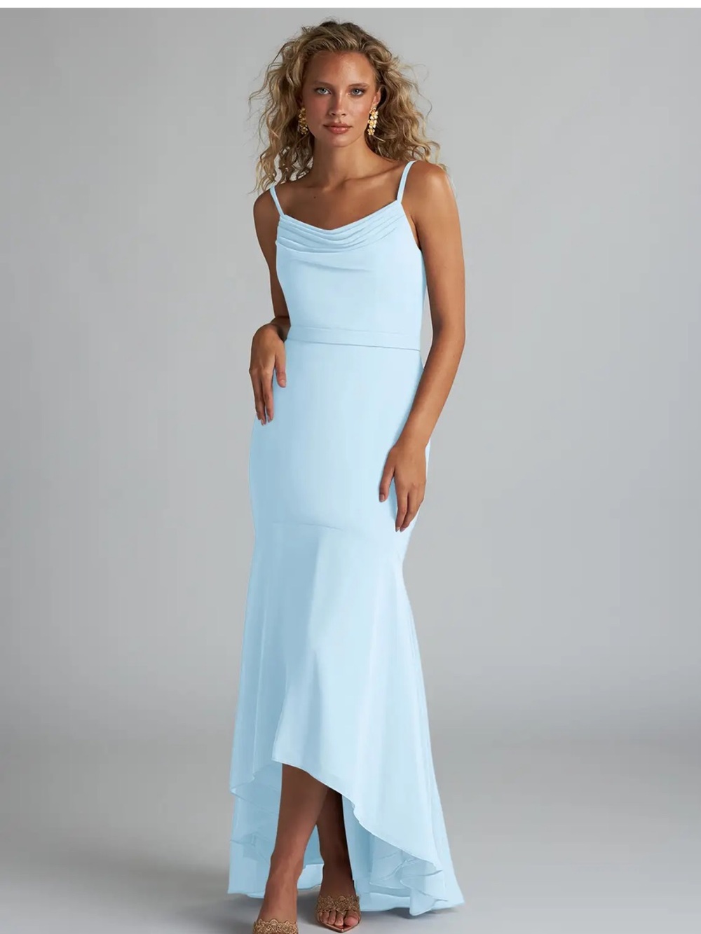 Azazie Pale Blue High-Low Cowl Neck Spaghetti Strap Dress